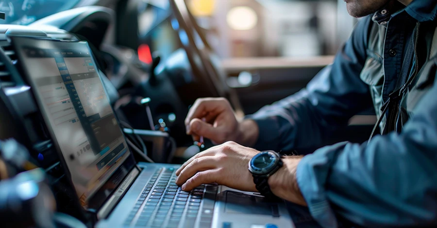 Tekniker optimerar motorprestanda och bränsleekonomi via laptopdiagnos i bilen. Boka Motoroptimering som tjänst från AutoBilservice i Örebro